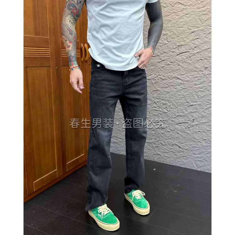 2025早秋新款时尚休闲百搭刺绣直筒黑灰色净版男士牛仔裤6688