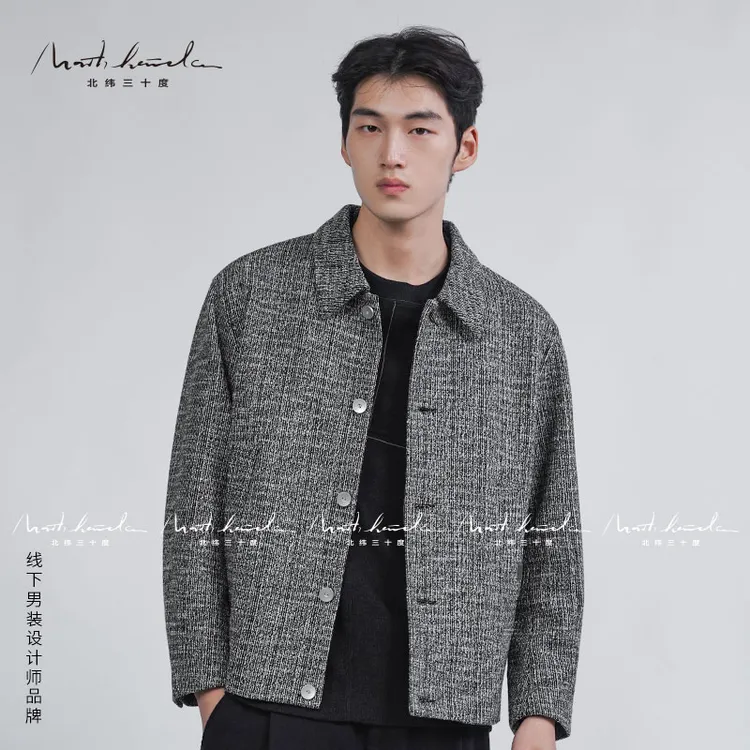 北纬三十度绵羊毛小香风夹克2025秋冬黑白条花呢休闲时尚短大衣
