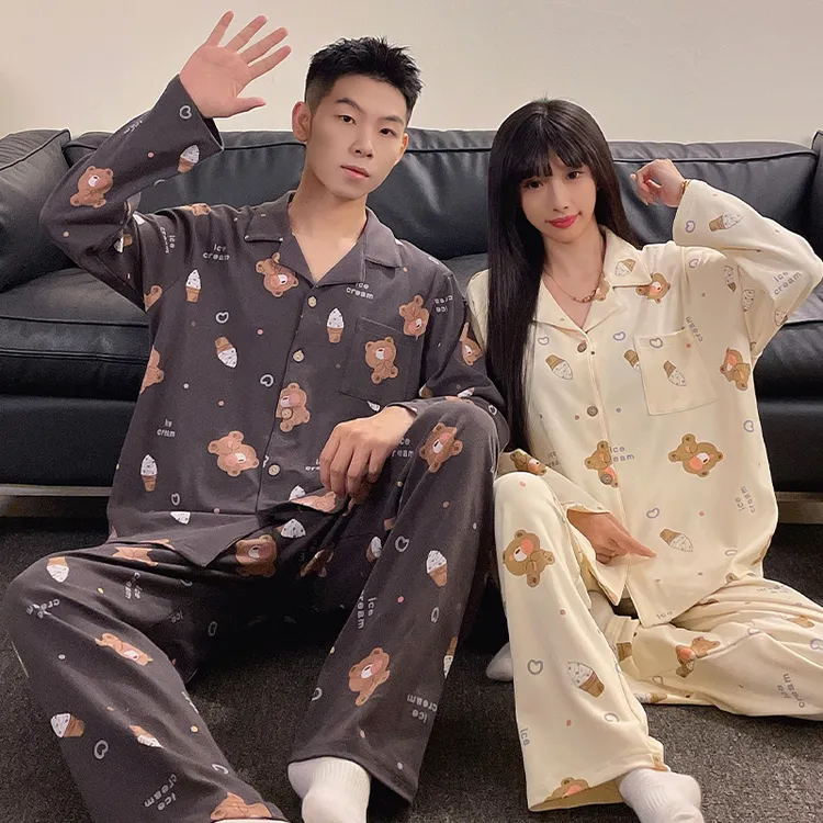 芯语婷春秋季新款冰淇淋小熊情侣睡衣男女冬季长袖卡通家居服套装