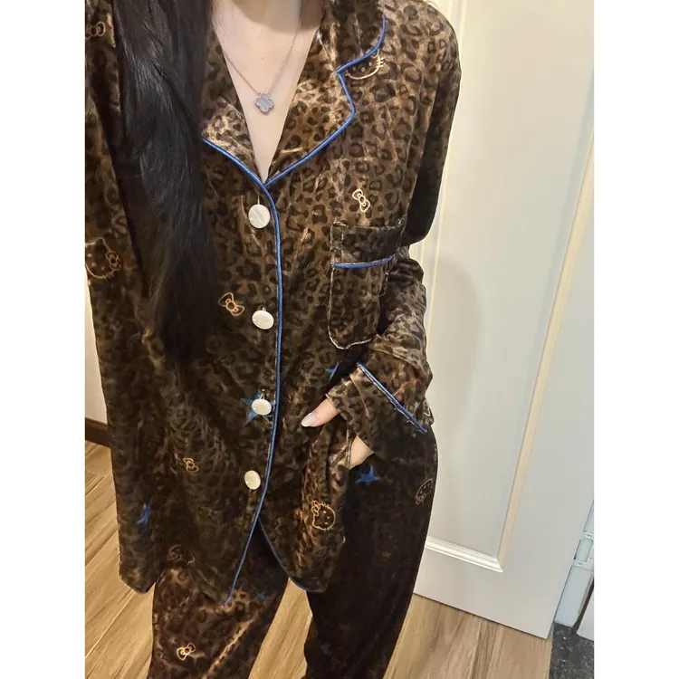 【金丝绒凯蒂猫】轻奢风豹纹睡衣女秋冬新款开衫长裤家居服套装外穿