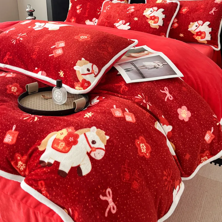 2026新款印花花边包边牛奶高克重牛奶绒四件套床单被套枕套