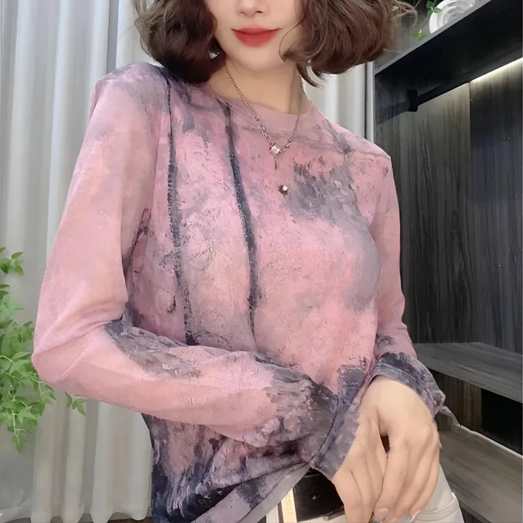 【粉黛】减龄时尚休闲潮流设计透气网纱印花长袖百搭T恤上衣女1749