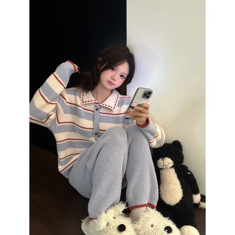 【DMXJ大梦想家】韩版条纹甜美针织半边绒睡衣女冬季套装柔软家居服
