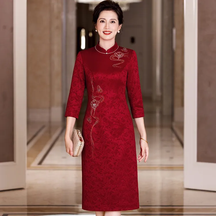 2025秋冬喜婆婆旗袍裙不开叉大码喜妈妈婚宴礼服裙修身显瘦Z