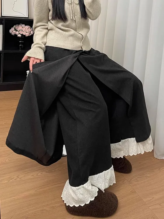 黑灰色蕾丝花边屁帘裙裤春季女大码胖mm叠穿拼接假两件阔腿长裤裙