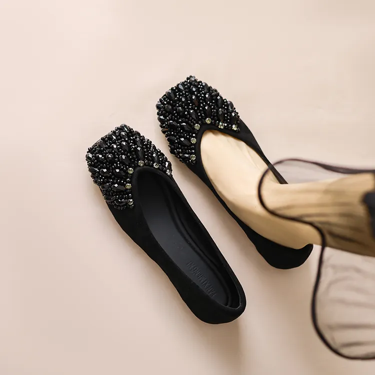 头水钻浅口加绒单鞋软底新款仙女风瓢鞋平底网红豆豆鞋