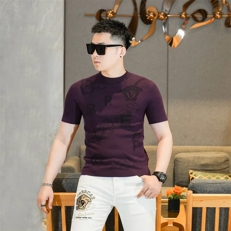 2025秋季新款高级感贵气紫色几何提花针织圆领打底衫T恤男GL3809