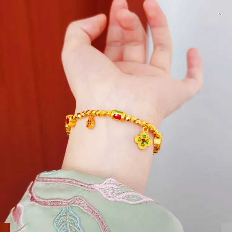 铜合金手链 珐琅彩爆闪珠四叶草福字转运珠铜合金手饰（赠礼盒）
