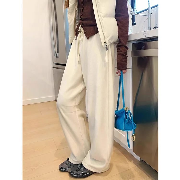 美式运动风米白色双面绒柔软阔腿裤女秋冬季高腰宽松显瘦加厚卫裤