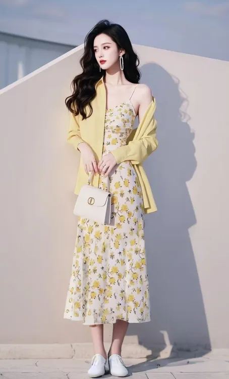 SS581法式绝美高端精致气质女神高级感温柔风黄色碎花连衣裙套装