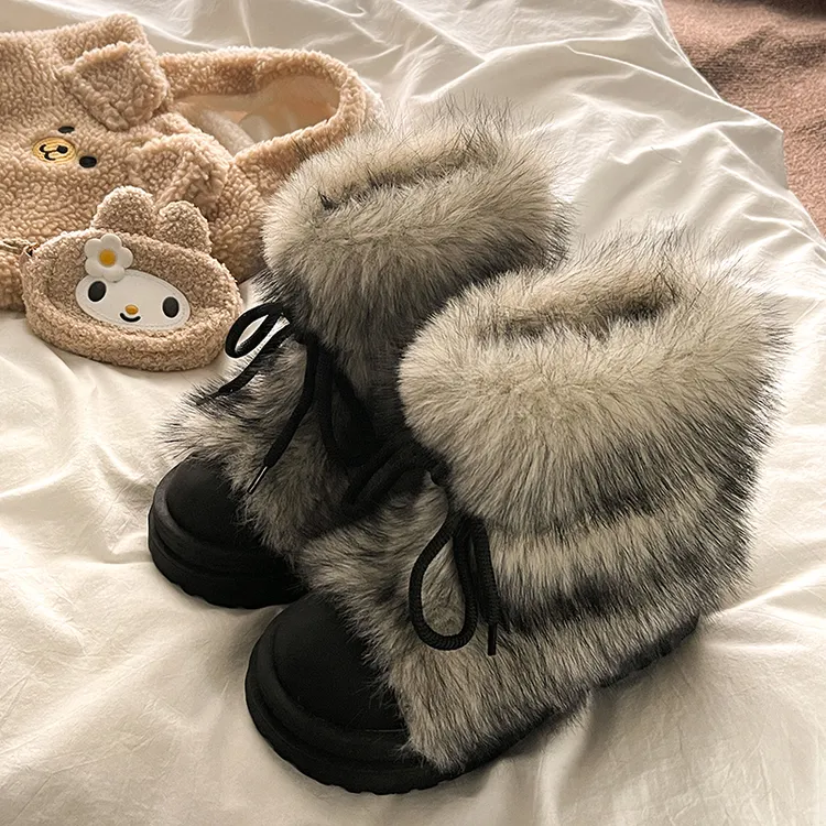 毛毛靴防滑雪地靴女秋冬新款加厚保暖中筒棉鞋厚底增高大头短靴子
