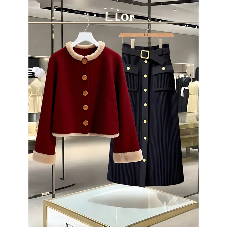 新中式国风高级感毛呢外套女装冬季2025新款高腰a字半身裙两件套