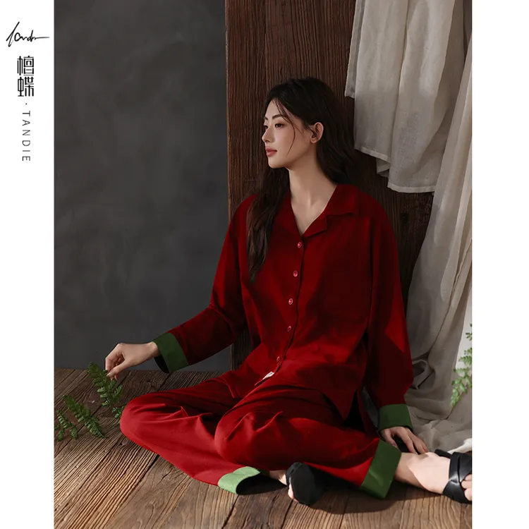 檀蝶【带胸垫】本命年结婚喜庆红纯棉睡衣女款爆款2025新款红色鎏金