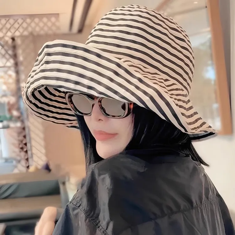 夏季时尚条纹渔夫帽女户外折叠遮阳防晒太阳帽适合海边拍照的帽子