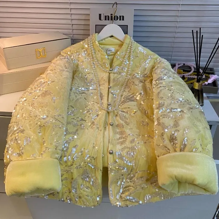 重工柔软保暖国风棉衣外套丝绒亮片中开新中式外套棉服