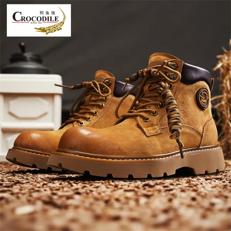 鳄鱼恤马丁靴男士冬季2025新款户外高帮厚底大黄靴防滑耐磨工装靴