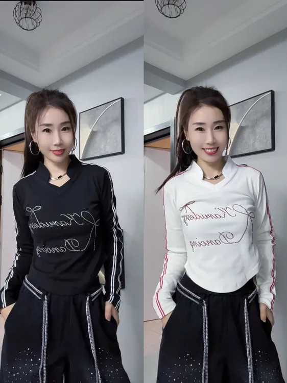 秋冬新款个性V领长袖T恤衫