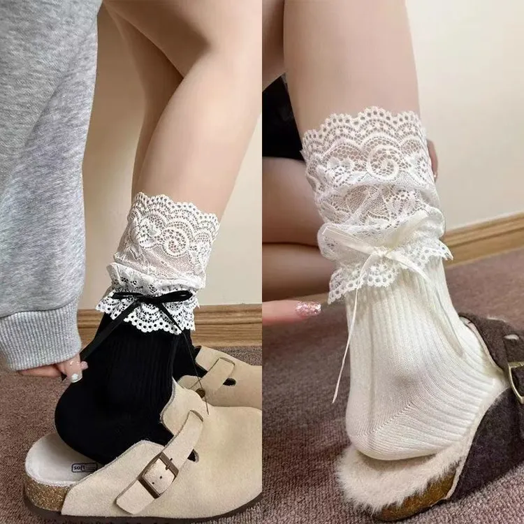 miu系芭蕾风花边袜子女中筒袜秋冬灰色堆堆小腿袜配长筒靴L