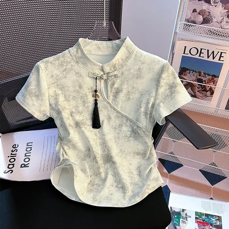 新中式国风盘扣扎染不规则修身短袖T恤女夏季新款短款百搭上衣服