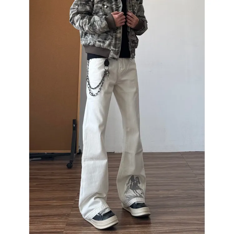 美式西部牛仔刺绣微喇牛仔裤男新款直筒修身裤子秋冬5916阔腿男生