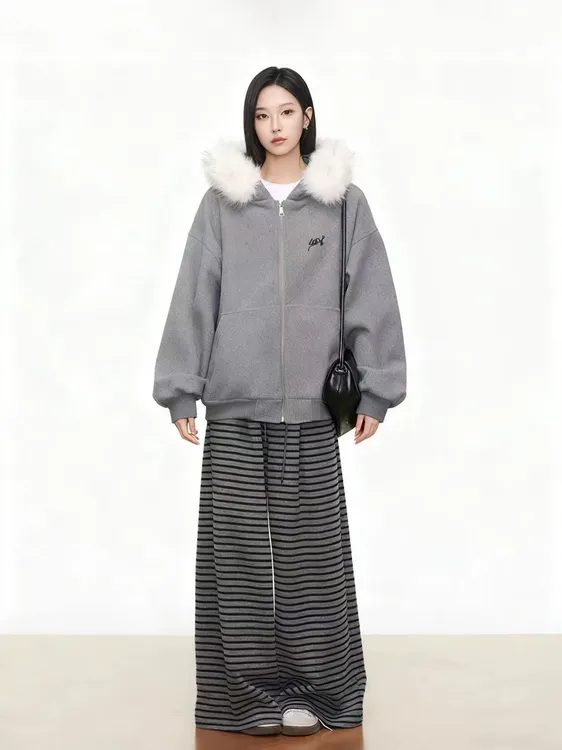 灰色宽松慵懒风毛领连帽拉链卫衣女秋季条纹直筒阔腿长裤两件套