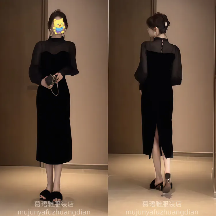 早秋长袖黑色连衣裙子女秋冬质感高级感小黑裙法式赫本风包臀长裙