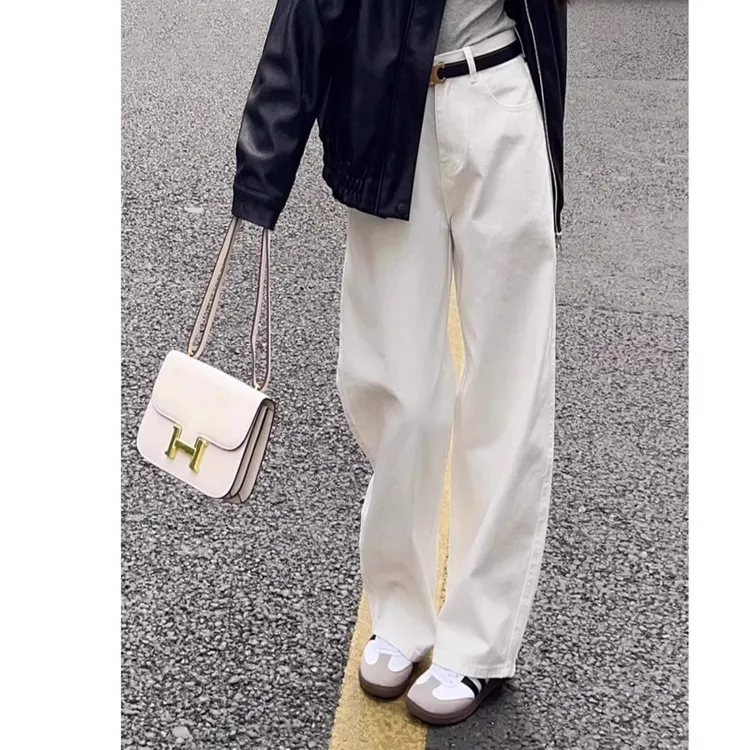 【YKK拉链】白色高腰阔腿牛仔裤女2025年秋季新款宽松垂感拖地裤子