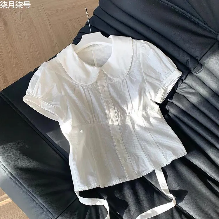 法式甜美白色系带娃娃领衬衫女夏季纯棉短袖衬衣修身收腰短款上衣