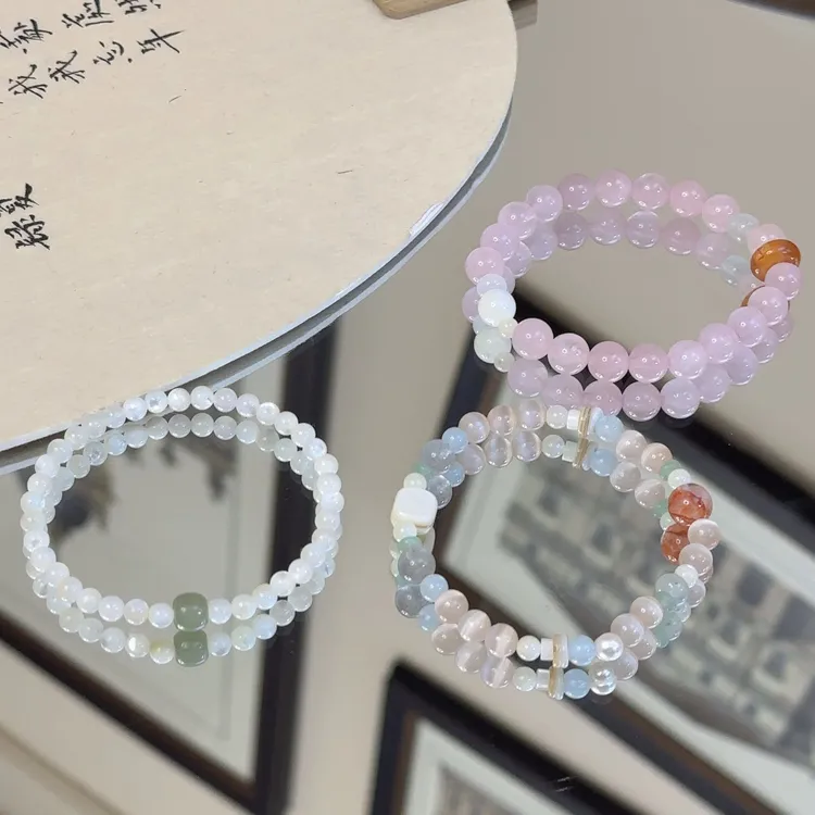 冰透猫眼石串珠贝壳和田玉小众设计款高级感叠戴弹力手链ins渐变