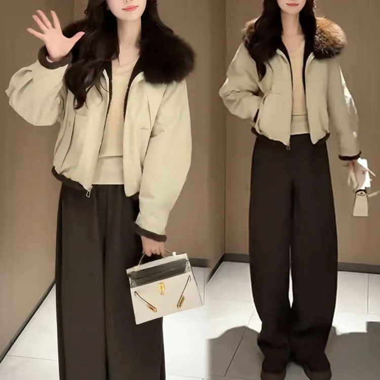 Lixu撞色翻领短外套冬新款加厚小个子保暖夹克派克服高级感棉衣