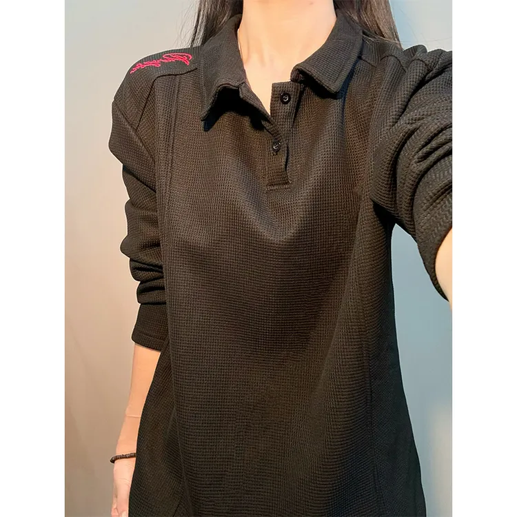 黑色美式刺绣POLO衫卫衣男款秋冬季加绒加厚潮牌不规则长袖T恤