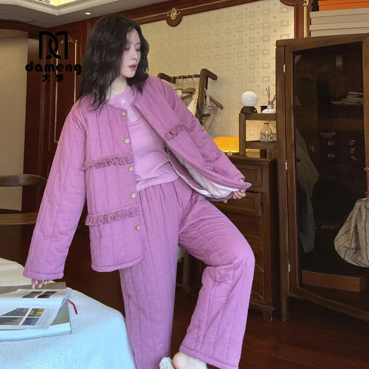 大梦冬季棉服纯棉提花三层夹棉睡衣女新年红加厚保暖可外穿家居服