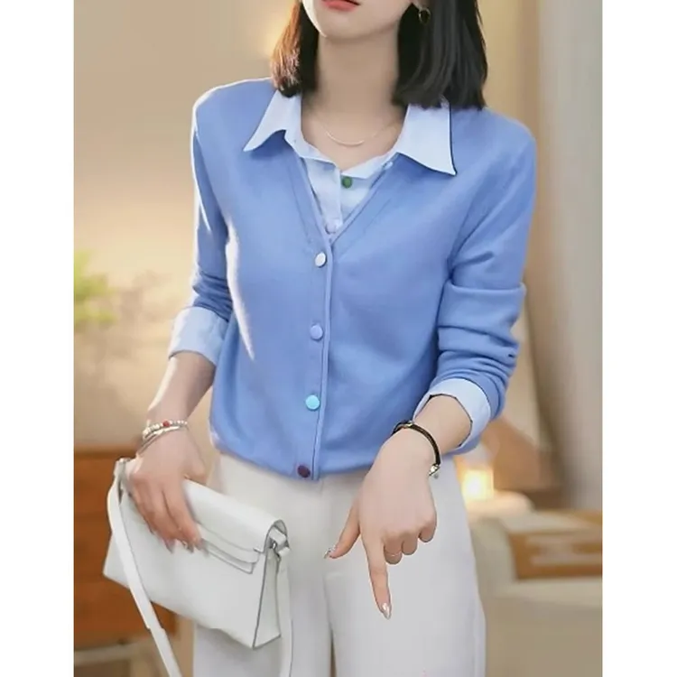 假两件时尚简约通勤2025春长袖法式针织开衫显瘦上衣流行韩版休闲