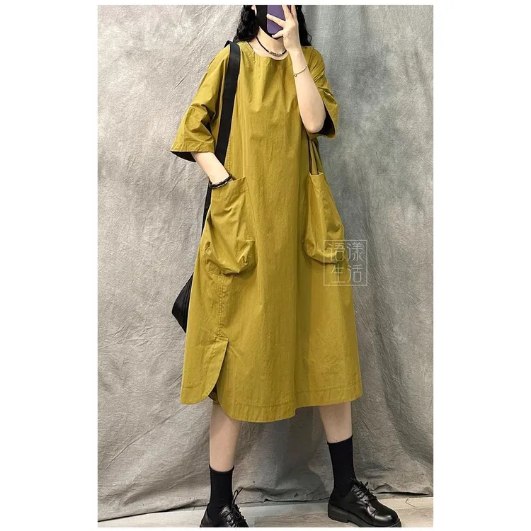 欧洲站夏季新款棉麻复古大码女装连衣裙纯色休闲显瘦中长款裙子