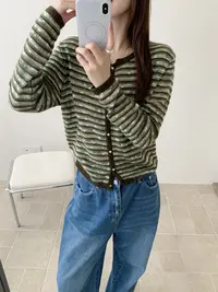 【潘潘.518868】秋冬驼羊毛+特种纱新款休闲条纹毛针织开衫毛衣
