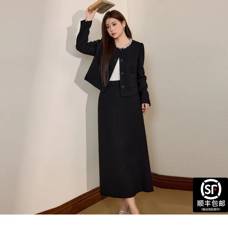 蓝语语大码女装胖mm气质小香风短款外套高腰半身裙一整套入秋穿搭