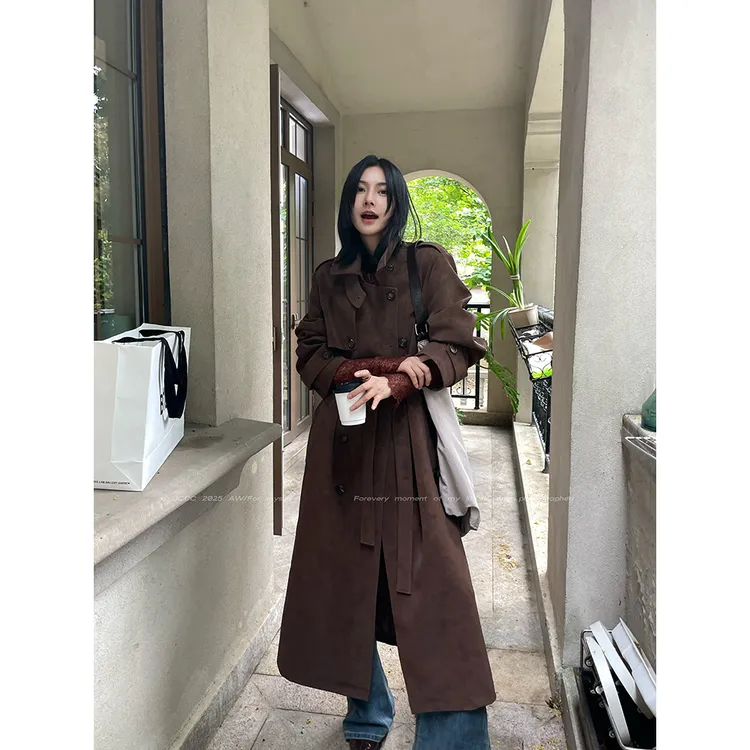 JCCC影子【咖顿学院】咖色双排扣复古100PU风衣外套JE4DOF10