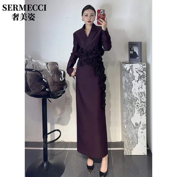奢美姿高级感上班服2025秋季御姐气质满身花朵西服半裙时髦两件套