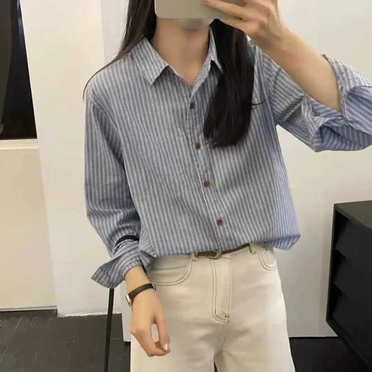 港风复古高级感蓝色竖条纹休闲全棉长袖衬衫女秋宽松休闲翻领上衣