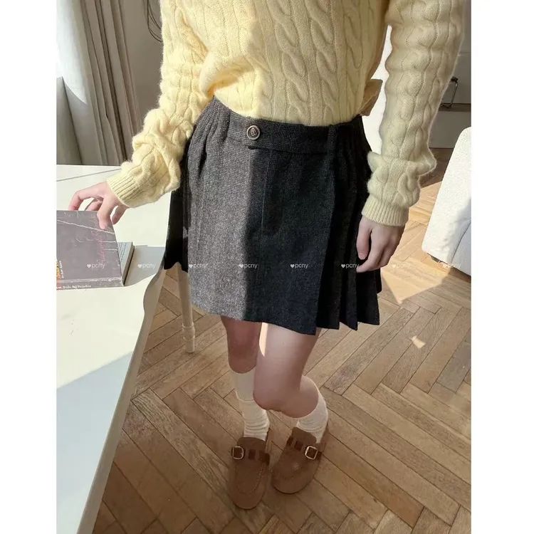 PCNY「画廊漫步」不理理冬季新款小众女装质感格纹压褶设计半身裙女