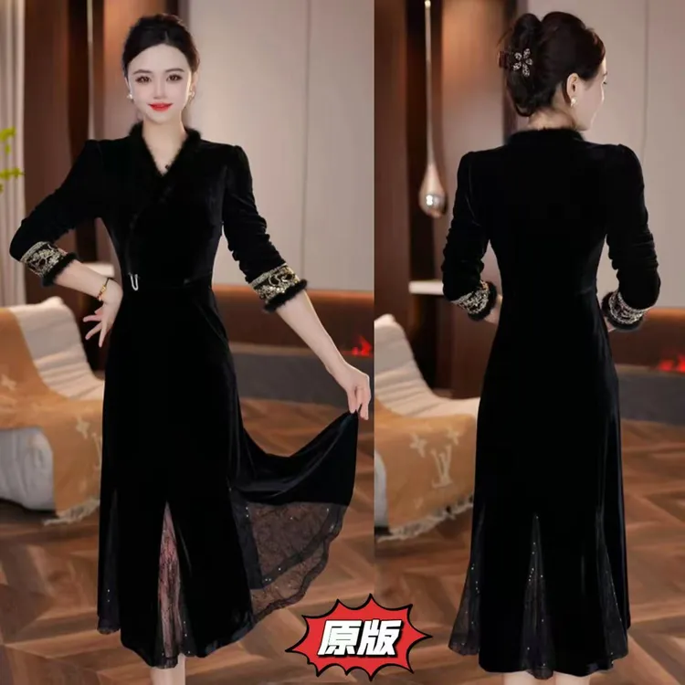 【华尔兹】高档真毛领丝绒裙2025秋冬新款收腰显瘦轻奢女人味连衣裙