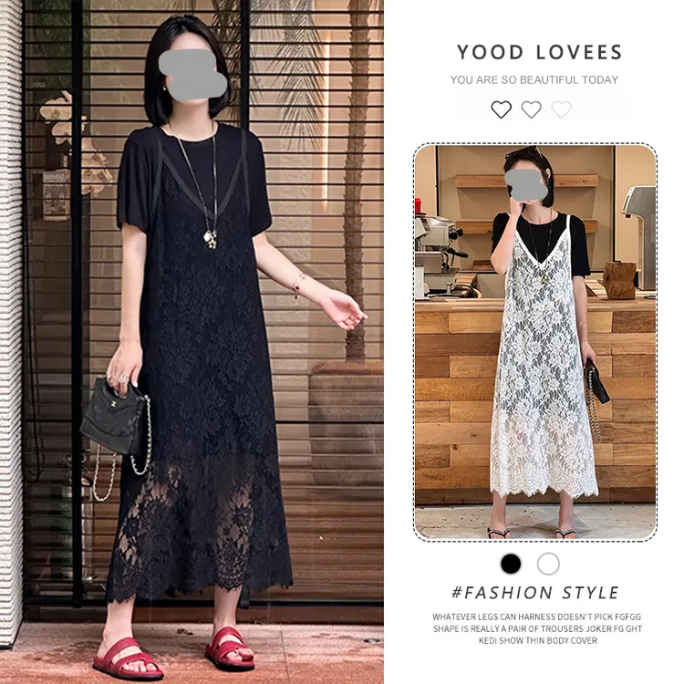 欧货夏韩系慵懒风气质高端女装胖MM显瘦蕾丝吊带裙短袖T恤套装女