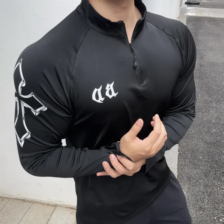 健身美式春秋插肩长袖t恤男款运动半拉链外套高弹力速干打底衫