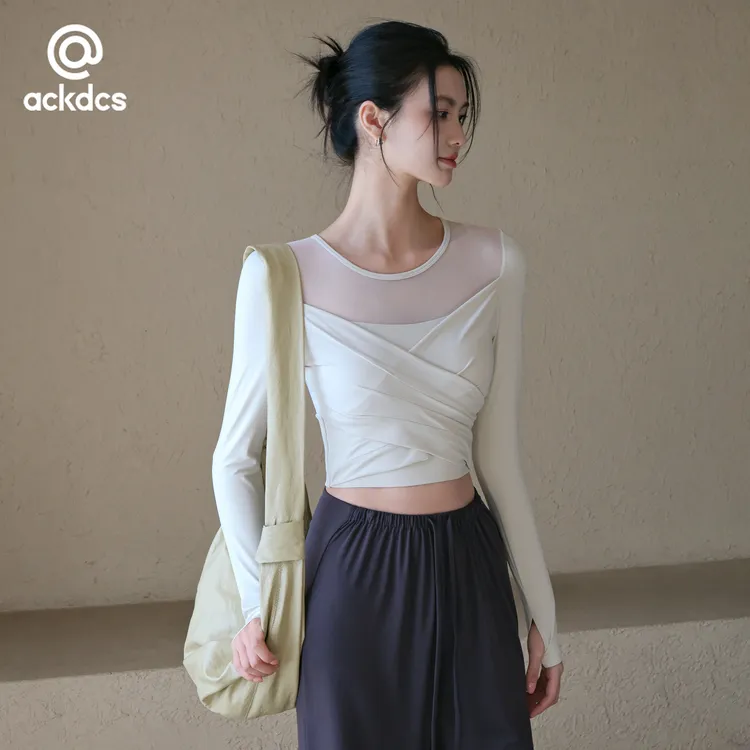 Ackdcs带胸垫瑜伽服女秋季网纱拼接健身长袖T恤专业跑步运动上衣
