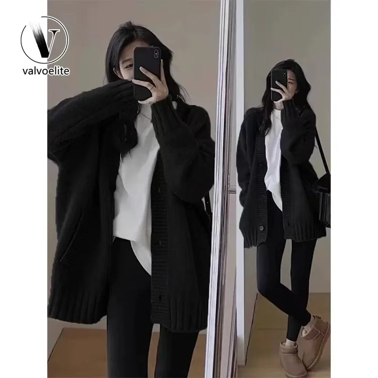 VALVOELITE日系长袖针织开衫女秋冬高级感宽松慵懒中长版毛衣外套