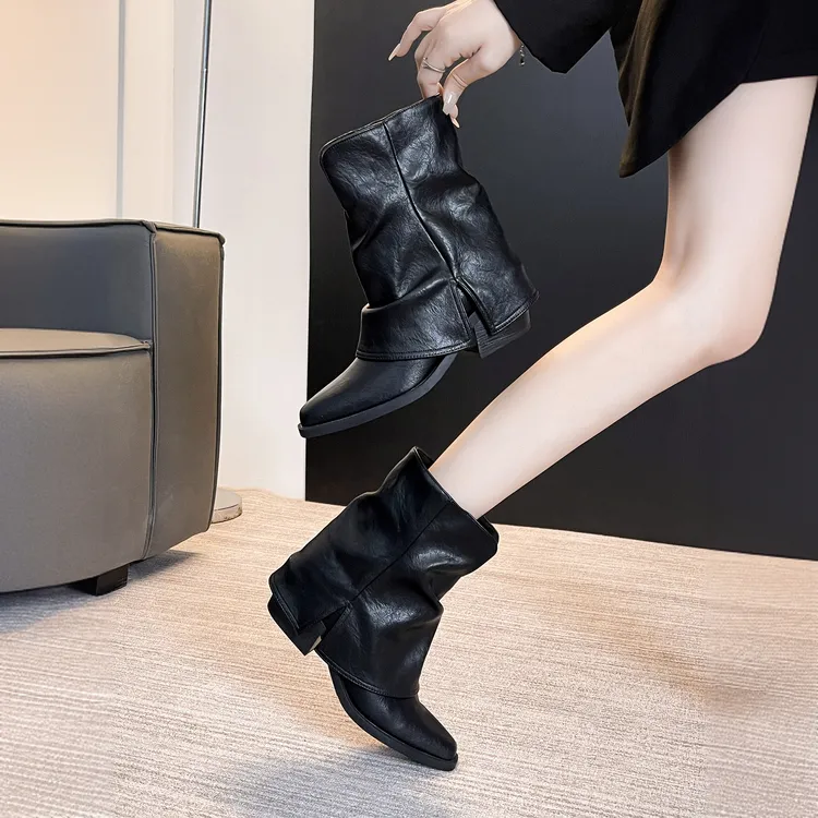 粗跟增高短靴女2025早秋新款英伦风法式尖头堆堆靴裤管黑色马丁靴