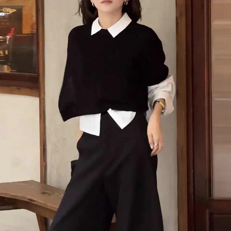 针织马甲背心早秋减龄一整套穿搭女长袖白色衬衫两件套