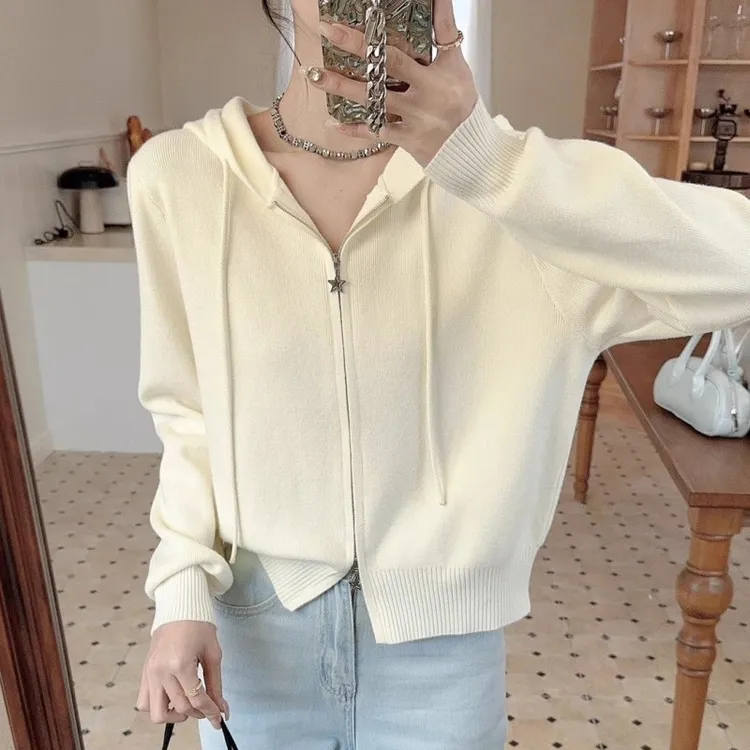 慵懒风磨毛短款针织衫连帽长袖毛针织衫开衫冬季女