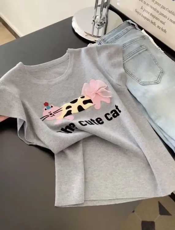 上衣圆领小狗短袖T恤夏新款蝴蝶结独特别致针织衫灰色小个子韩版