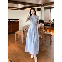 凌茜恣禾【釉泣】国风新中式蓝色绣花温柔大气显瘦法式旗袍连衣裙